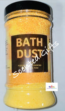 Load image into Gallery viewer, Bath Dust Tubs  Create a welcoming scented bath by simply sprinkling in to the water and allowing to dissolve. orange and yellow coloured scented in mango 
