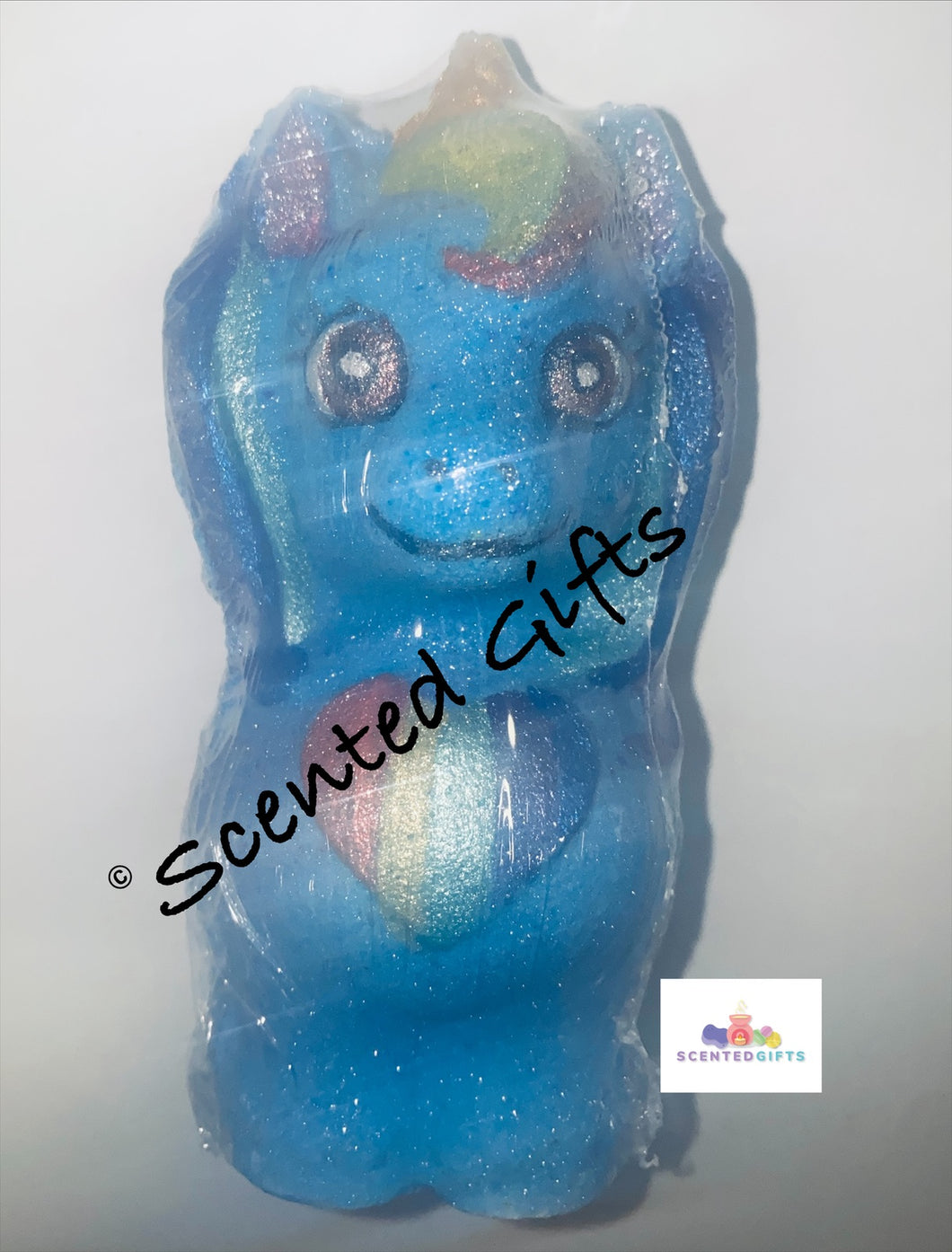 My Little Pony bath bomb  A chunky standing blue my little pony shaped bath bomb with hand painted detail hidden colours and scevted in coco mango  