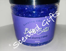 Load image into Gallery viewer, CBD 500mg Bubbling Bath Salt Tub 200g   INSTRUCTIONS : For up to 4 baths. Fill a warm bath and sprinkle in amount desired amount.  Allow to dissolve before getting in, Relax for 30 mins for most benefit. If irritation occurs, discontinue use Rinse bath after use. black raspberry vanilla
